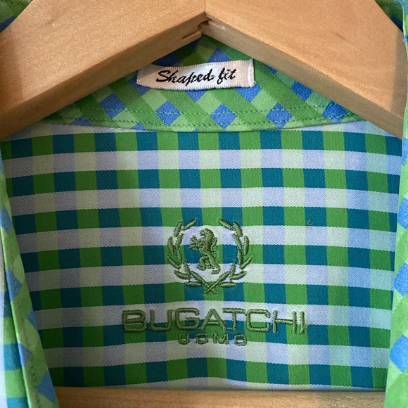 Bugatchi Green and Blue Checkered Gingham Men's Button Down Cotton Dress Shirt - Picture 5 of 13